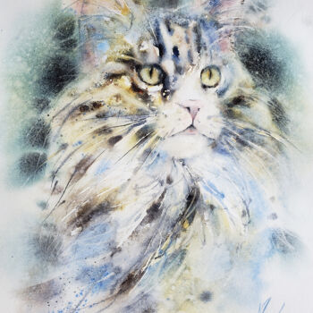 Malarstwo zatytułowany „Magic cat” autorstwa Muriel Mougeolle, Oryginalna praca, Akwarela