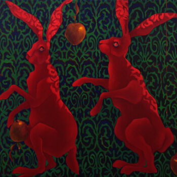Painting titled "Red rabbits collect…" by Marina Venediktova, Original Artwork, Oil Mounted on Wood Stretcher frame