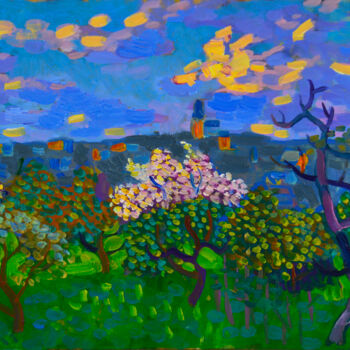 Painting titled "Spring orchard in t…" by Mykola Kozlovskyi, Original Artwork, Oil Mounted on Cardboard