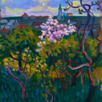 Pintura titulada "Orchard, spring" por Mykola Kozlovskyi, Obra de arte original, Oleo Montado en Cartulina