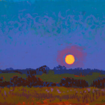 Painting titled "Moon. Evening" by Mykola Kozlovskyi, Original Artwork, Acrylic Mounted on Cardboard