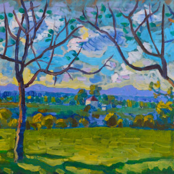 Pittura intitolato "Landscape with two…" da Mykola Kozlovskyi, Opera d'arte originale, Olio Montato su Cartone