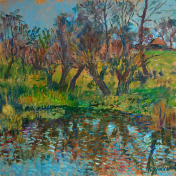 Painting titled "Pond. Willows" by Mykola Kozlovskyi, Original Artwork, Oil