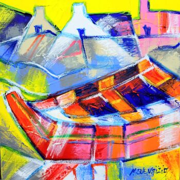 Painting titled "LA BARQUE ABANDONNEE" by Myriam Guenaizia, Original Artwork, Oil Mounted on Wood Stretcher frame