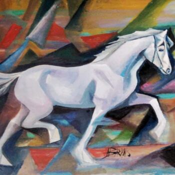 Schilderij getiteld "White horse in cubi…" door Nadezda Baruns, Origineel Kunstwerk, Olie