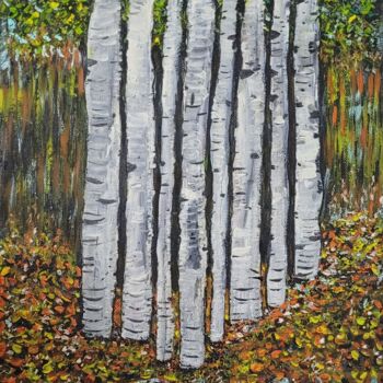 Schilderij getiteld "Birch trees" door Nadia Fakhry, Origineel Kunstwerk, Acryl Gemonteerd op Frame voor houten brancard