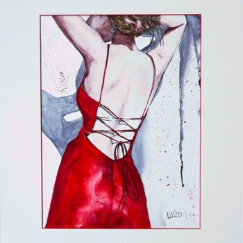 Peinture intitulée "Red dress" par Nadia Sh. Mikhailo, Œuvre d'art originale, Aquarelle