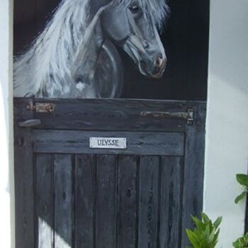 Malerei mit dem Titel "Le cheval à l'écurie" von Nadine Coffinier, Original-Kunstwerk, Acryl