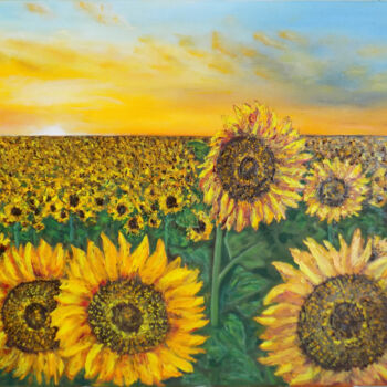 Schilderij getiteld "Sunflowers" door Nadezhda Ivanova, Origineel Kunstwerk, Olie Gemonteerd op Frame voor houten brancard