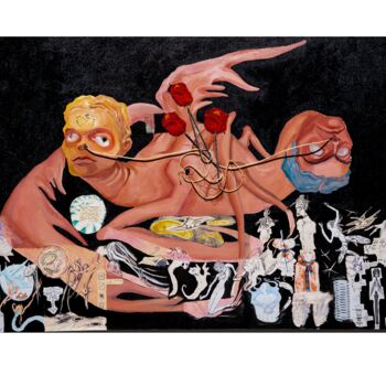 Schilderij getiteld "Hemotransfusion" door Narcissuz, Origineel Kunstwerk, Olie Gemonteerd op Frame voor houten brancard