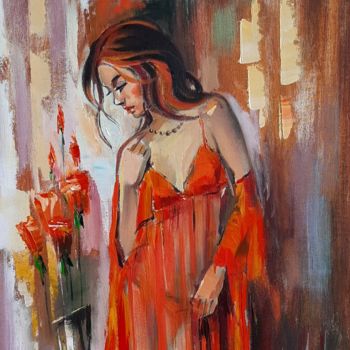 Pittura intitolato "Red dress (40x50cm,…" da Narek Jaghacpanyan, Opera d'arte originale, Olio Montato su Telaio per barella…