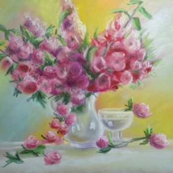 Ζωγραφική με τίτλο "Soft flowers (frame…" από Nata New, Αυθεντικά έργα τέχνης, Παστέλ