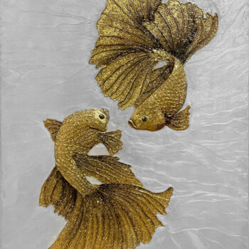 Pittura intitolato "Картина золотые рыб…" da Natalia Komar, Opera d'arte originale, Resina