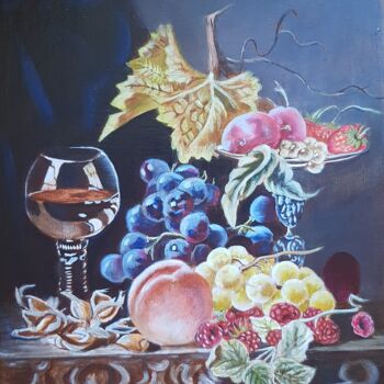 Painting titled "Still life with gla…" by Natalia Ostonen (Tarasova), Original Artwork, Oil Mounted on Other rigid panel