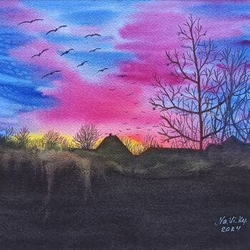 Painting titled "Сold sunset" by Natalia Buhaienko, Original Artwork, Watercolor