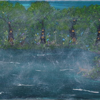 Malerei mit dem Titel "Туман над озером" von Natalia Ivanova, Original-Kunstwerk, Acryl Auf Keilrahmen aus Holz montiert