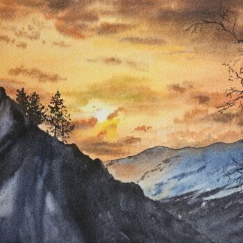 Painting titled "Sunset in the mount…" by Natalia Kuznetsova, Original Artwork, Watercolor