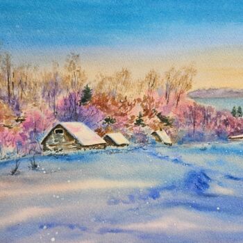 Painting titled "Winter evening" by Natalia Kuznetsova, Original Artwork, Watercolor