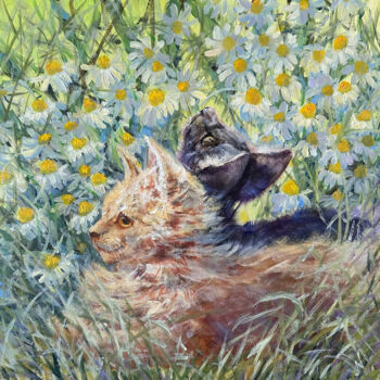 Pintura intitulada "Kittens in Daisies" por Natalia Mikhaylina, Obras de arte originais, Óleo