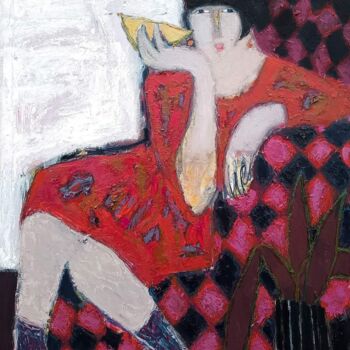 제목이 "Red dress"인 미술작품 Natalia Yanekina로, 원작, 기름 목재 패널에 장착됨