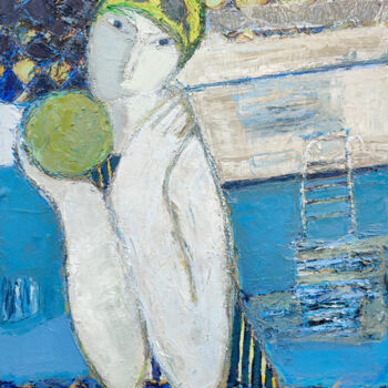 Ζωγραφική με τίτλο "Girl with a ball" από Natalia Yanekina, Αυθεντικά έργα τέχνης, Λάδι Τοποθετήθηκε στο Ξύλινο πάνελ