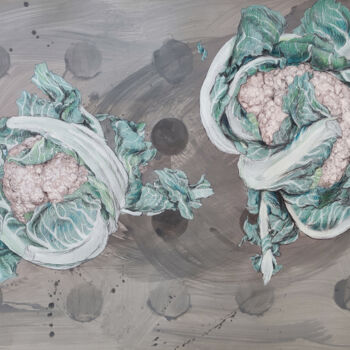 Dessin intitulée "Two flying cabbages" par Natalie Levkovska, Œuvre d'art originale, Tempera