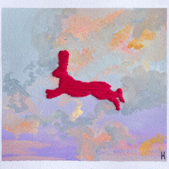 Textielkunst getiteld "Hare in the sky" door Nataliia Lepikhina, Origineel Kunstwerk, Acryl
