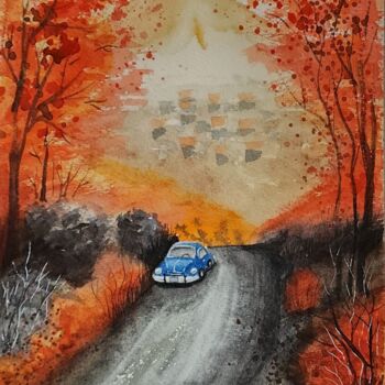 Pintura titulada "Autumn road" por Nataliya Gulina, Obra de arte original, Acuarela