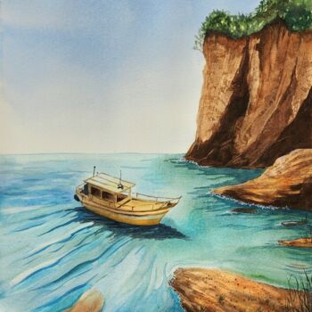 Pintura titulada "Boat in the bay" por Nataliya Gulina, Obra de arte original, Acuarela