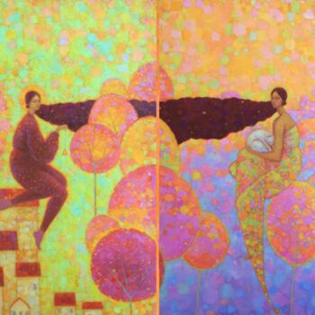 Painting titled "The Bell ( diptych)" by Natalya Chepulskaya, Original Artwork, Oil Mounted on Wood Stretcher frame