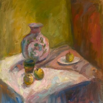 Painting titled "Still life with app…" by Natasha Kiryushkina, Original Artwork, Oil Mounted on Wood Stretcher frame