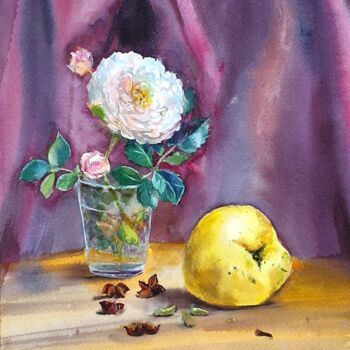 Painting titled "Autumn rose" by Natasha Sokolnikova, Original Artwork, Watercolor Mounted on Cardboard