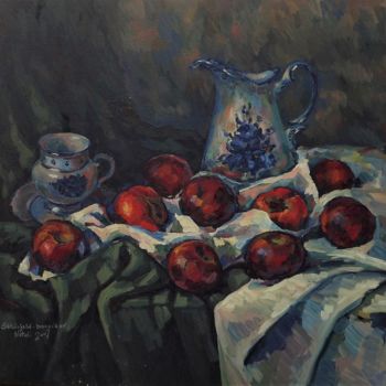 Картина под названием "Apples with Gzhel j…" - Shtainfeld-Borovkov Nataly, Подлинное произведение искусства, Масло