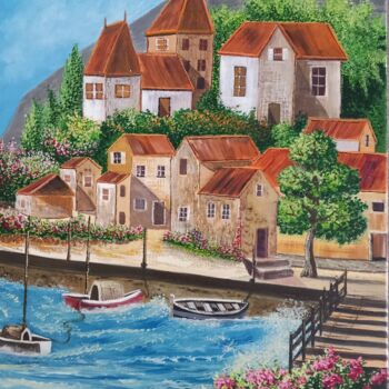 Painting titled "Pâte de maisons" by Nathalie Choury, Original Artwork, Oil Mounted on Wood Stretcher frame