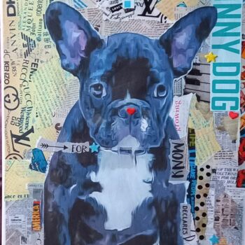 「FUNNY DOG」というタイトルのコラージュ Nathalie Pellissierによって, オリジナルのアートワーク, コラージュ ウッドストレッチャーフレームにマウント