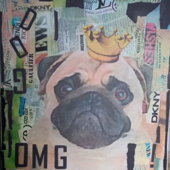 「KING DOG 2」というタイトルのコラージュ Nathalie Pellissierによって, オリジナルのアートワーク, コラージュ ウッドストレッチャーフレームにマウント