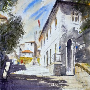 Peinture intitulée "Stairway with shado…" par Nenad Kojić, Œuvre d'art originale, Aquarelle