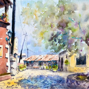 Malerei mit dem Titel "Krini Old Town squa…" von Nenad Kojić, Original-Kunstwerk, Aquarell