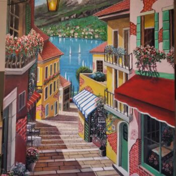 Painting titled ""Lago di Garda"" by Nezir Sarac, Original Artwork, Oil Mounted on Wood Stretcher frame