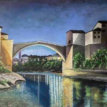 Painting titled ""Stari Most u Mosta…" by Nezir Sarac, Original Artwork, Oil Mounted on Wood Stretcher frame