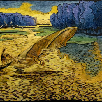 Peinture intitulée "Sunrise on the river" par Nga Tran, Œuvre d'art originale, Huile