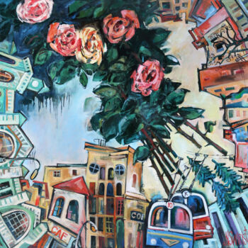 Peinture intitulée "City flight of rose…" par Nicifor Swiristuhin, Œuvre d'art originale, Huile Monté sur Châssis en bois