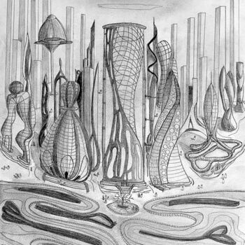 Dibujo titulada "Futuristic City" por Nicolas Chammat, Obra de arte original, Grafito