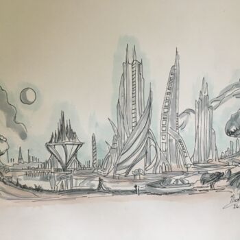 Рисунок под названием "Solaria City" - Nicolas Chammat, Подлинное произведение искусства, Маркер