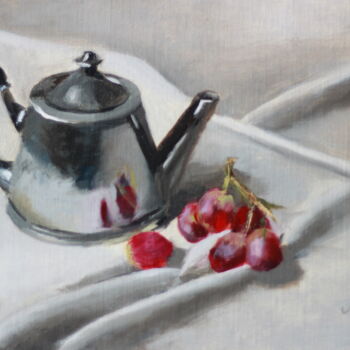 Painting titled "Silver and Grapes" by Nicole Le Gall, Original Artwork, Oil Mounted on Wood Panel