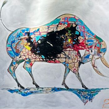 Painting titled "Bull Blau" by Nicoleta Albei-Wigger, Original Artwork, Acrylic Mounted on Wood Stretcher frame