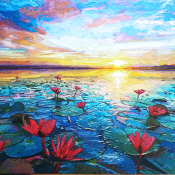 Malarstwo zatytułowany „Water lilies in the…” autorstwa Nicoleta Nica, Oryginalna praca, Olej Zamontowany na Drewniana rama…