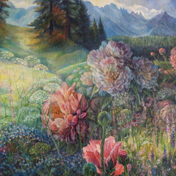 Painting titled "Wild peonies.jpg" by Sergey Lesnikov, Original Artwork, Oil