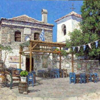 Painting titled "Greek Tavern in Tha…" by Nikolo Balkanski, Original Artwork, Oil Mounted on Wood Panel