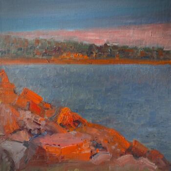 Painting titled "The breakwater" by Nikita Voloshin, Original Artwork, Oil Mounted on Wood Stretcher frame